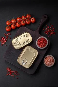 Tin or aluminum rectangular can of canned food with a key Stock Photos