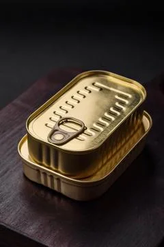 Tin or aluminum rectangular can of canned food with a key 스톡 사진