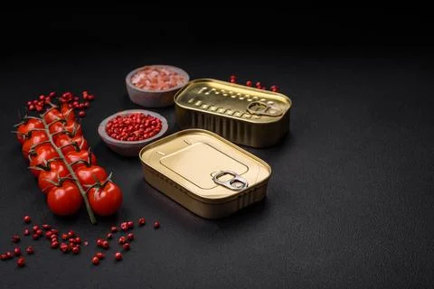 Tin or aluminum rectangular can of canned food with a key Stock Photos