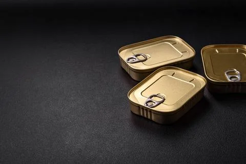 Tin or aluminum rectangular can of canned food with a key 스톡 사진