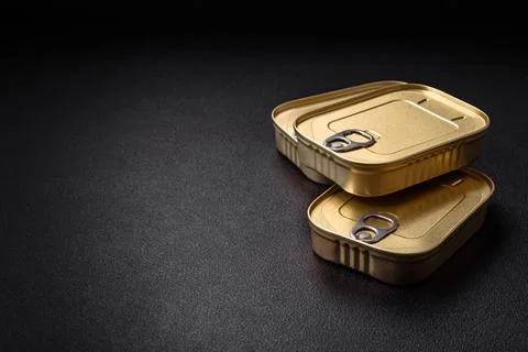 Tin or aluminum rectangular can of canned food with a key 스톡 사진