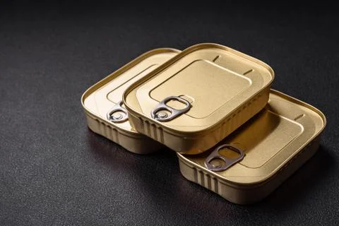 Tin or aluminum rectangular can of canned food with a key Stock Photos