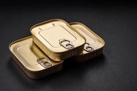 Tin or aluminum rectangular can of canned food with a key 스톡 사진