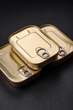 Tin or aluminum rectangular can of canned food with a key Stockfoto's