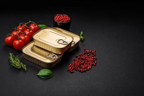 Tin or aluminum rectangular can of canned food with a key Stockfoto's