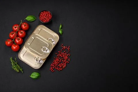 Tin or aluminum rectangular can of canned food with a key Foto stock