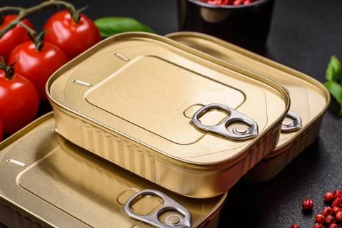 Tin or aluminum rectangular can of canned food with a key Stock Photos