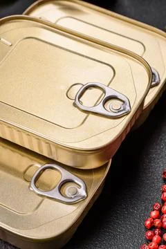 Tin or aluminum rectangular can of canned food with a key Stockfoto's