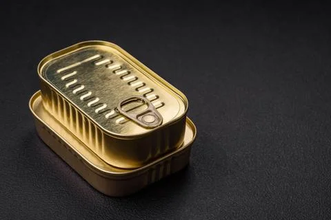 Tin or aluminum rectangular can of canned food with a key Tin or aluminum ... Stockfoto's