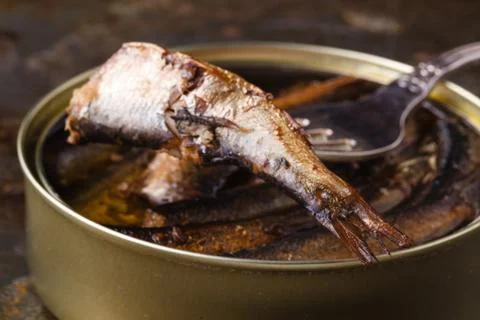 Tin sardine on dard background with bread Foto stock