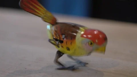 Tin Toy. Small bird being wound up and released Stock Footage 86828117