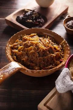 Tinga de Res. Typical Mexican dish prepared mainly with shredded beef, onion  Stock Photos