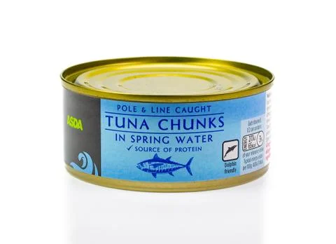 Tinned ASDA tuna chunks in spring water. White background. 写真素材