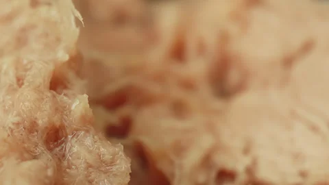 Tinned canned Tuna fish macro close up presentation slowly rotating stock f.. Stock Footage 344699119