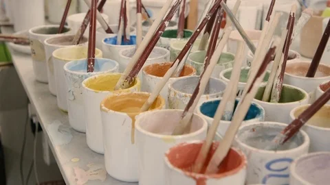 Tins of different colours paint Stock Footage 87131459