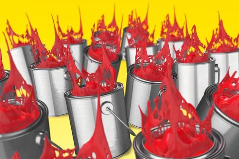 Tins of red paint falling over 3d render Stock-Illustration