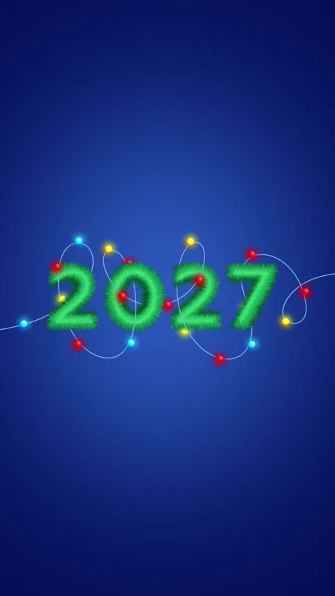 Tinsel in shape of text 2027 with bulb on blue background Video stock 344664438