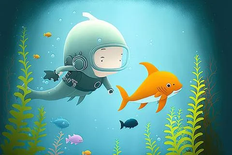 Tiny animated scuba diver swimming in an aquarium or ocean. Generative AI Stock Illustration