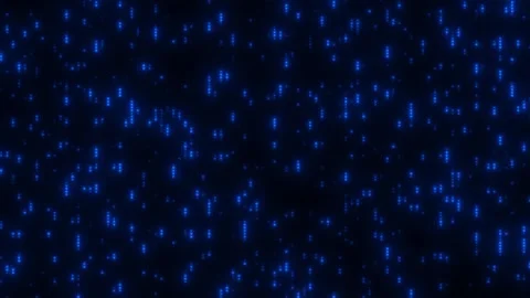 Tiny blue neon squares trickle down from top to bottom against a black Video stock 154185599