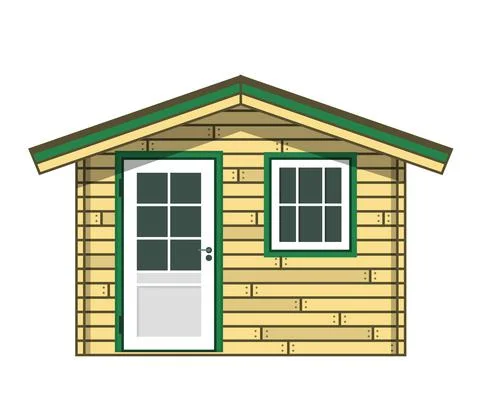 Tiny boarded garden house, small wooden hovel, plank gardening cabin facade, Stock Illustration