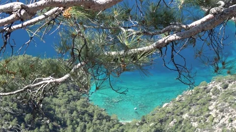 Tiny boat in turquoise water high-angle viewed from above Видео 333464696