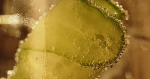 Tiny Bubbles Rising Along Cucumber Garnish in Iced Cocktail Macro Видео 347897162
