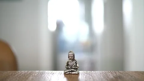 Tiny Buddha in focus with a man in the background doing various house chores Vidéo 278544276