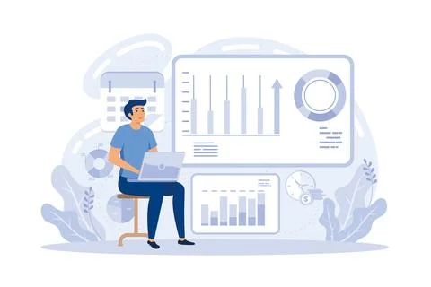 Tiny business analysts discussing ideas at laptop with data. Data initiativ.. Stock Illustration