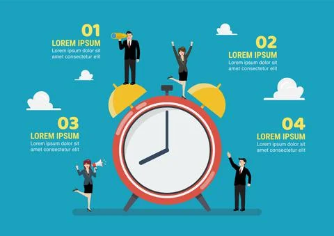 Tiny business people with alarm clock infographic Stock Illustration