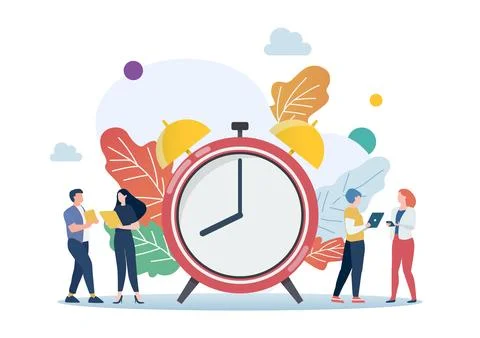 Tiny business people with alarm clock flat style Stock Illustration