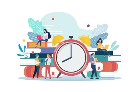 Tiny business people with alarm clock and stack of books Stock Illustration