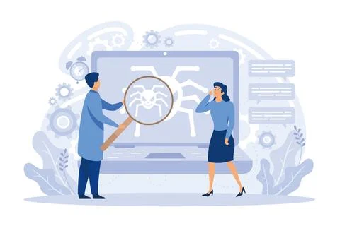 Tiny business people with digital devices testing demo software. Beta testi.. Stock Illustration