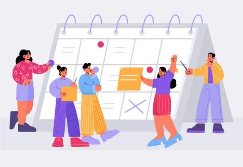 Tiny business people team around of huge calendar Stock Illustration