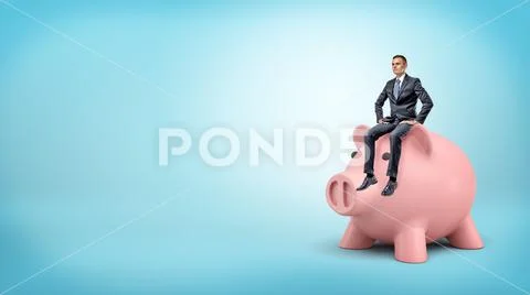 A tiny businessman calmly sits on a giant piggy bank's head on blue background. Stock Photos