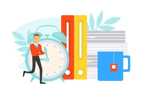 Tiny Businessman Pushing Clock Hands, Time Management Concept Flat Vector 스톡 일러스트