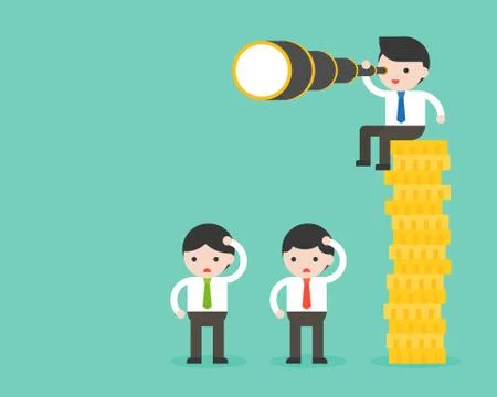 Tiny businessman sitting on stack of gold coins, holding binocular, another b Illustrazione stock