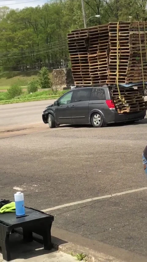 Tiny Car Transports Tower of Pallets, Memphis, Tennessee, USA - 24 Apr 2019 Stock Footage 205222091