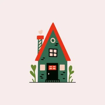 Tiny cartoon house. Cute small cottage with chimney, hand drawn graphic of rural Stock Illustration