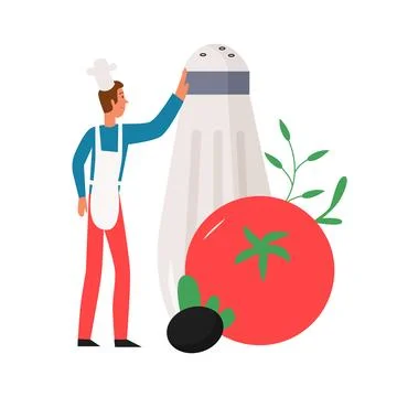 Tiny character in chefs hat and apron standing next to salt shaker and tomato to 스톡 일러스트