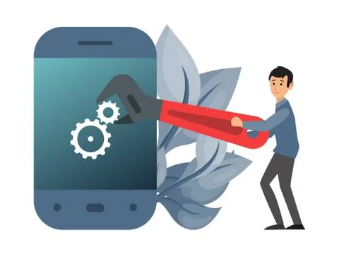 Tiny character male customize mobile phone, update system concept isolated on Illustrazione stock