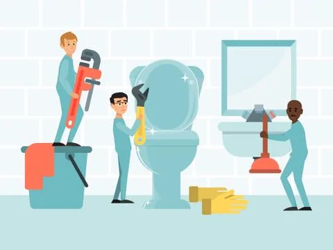 Tiny character plumbing service working concept, flat vector illustration Stock Illustration