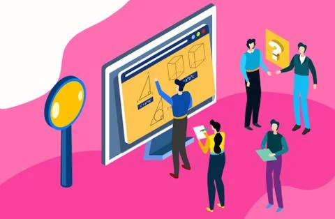 Tiny character study online education, male female student concept 3d isometric Ilustração Stock