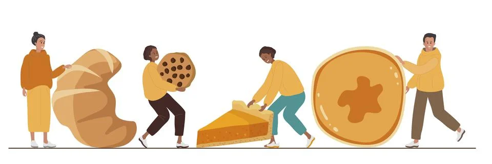 Tiny Characters Presenting Homemade pastries. People carrying pancakes Stock Illustration
