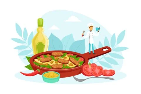 Tiny Chef Character Cooking Delicious Dish in Huge Frying Pan Cartoon Vector イラスト素材