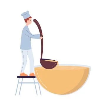 Tiny chef cook cooking in huge bowl or pan, flat vector illustration isolated. 库存插图