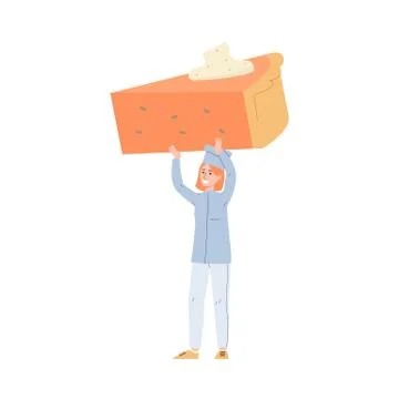 Tiny chef female character with piece of cake, vector illustration isolated. 스톡 일러스트