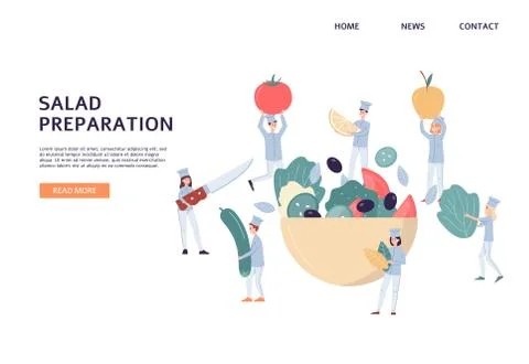 Tiny chef team preparing salad - cartoon people holding food ingredients Stock Illustration