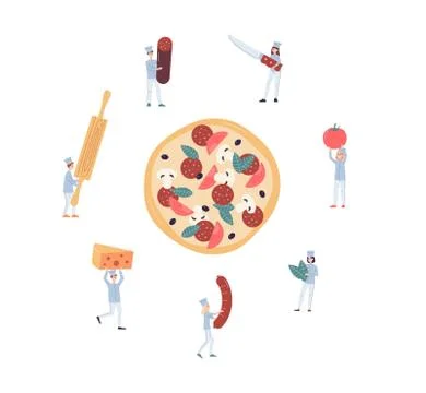 Tiny chiefs characters around huge pizza, flat vector illustration isolated. Stock Illustration