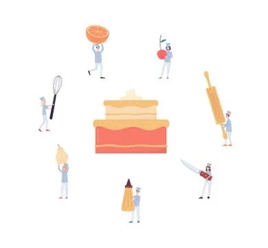 Tiny confectioners decorating a huge cake, flat vector illustration isolated. Illustrazione stock