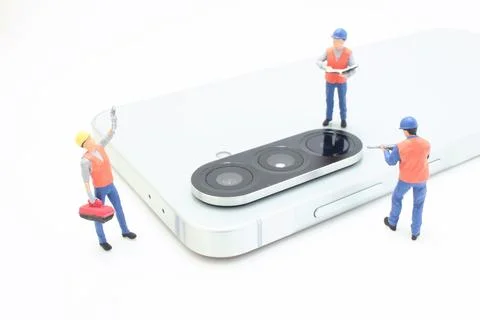 Tiny Construction Workers Repair Smartphone Camera Lens Foto stock